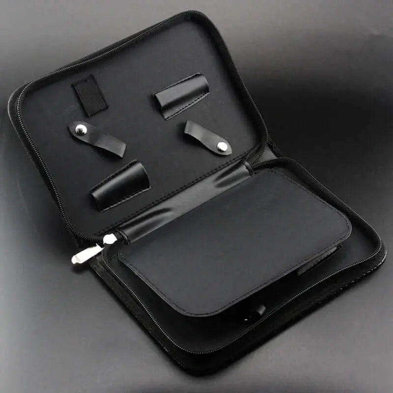 Premium eco leather scissor case for barbers and hairdressers, open view showing secure compartments for tool protection.