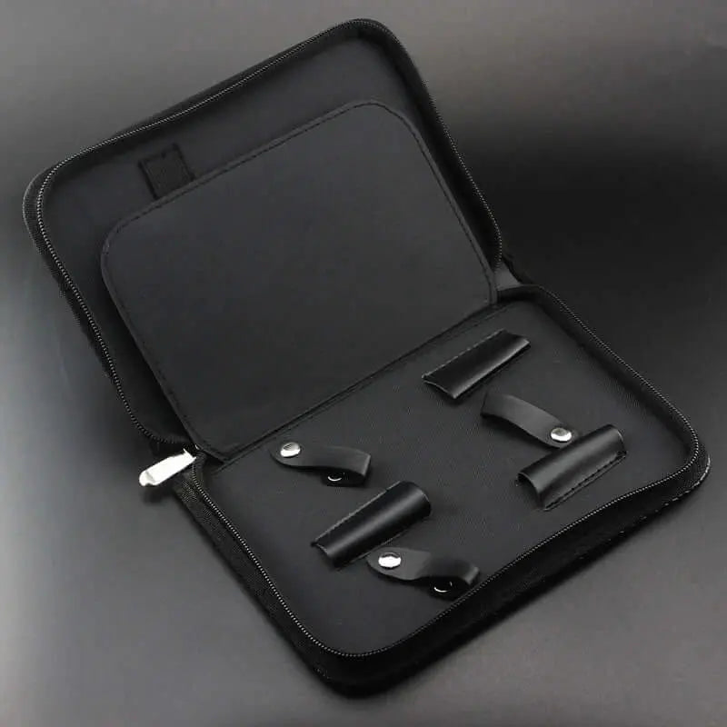 Premium eco leather scissor case for barbers and hairdressers, open to show secure storage for scissors against a black background