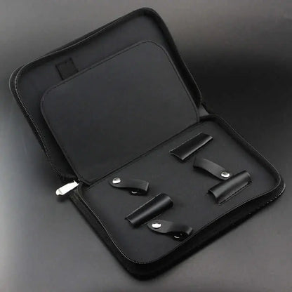 Premium eco leather scissor case for barbers and hairdressers, open to show storage slots and secure straps.